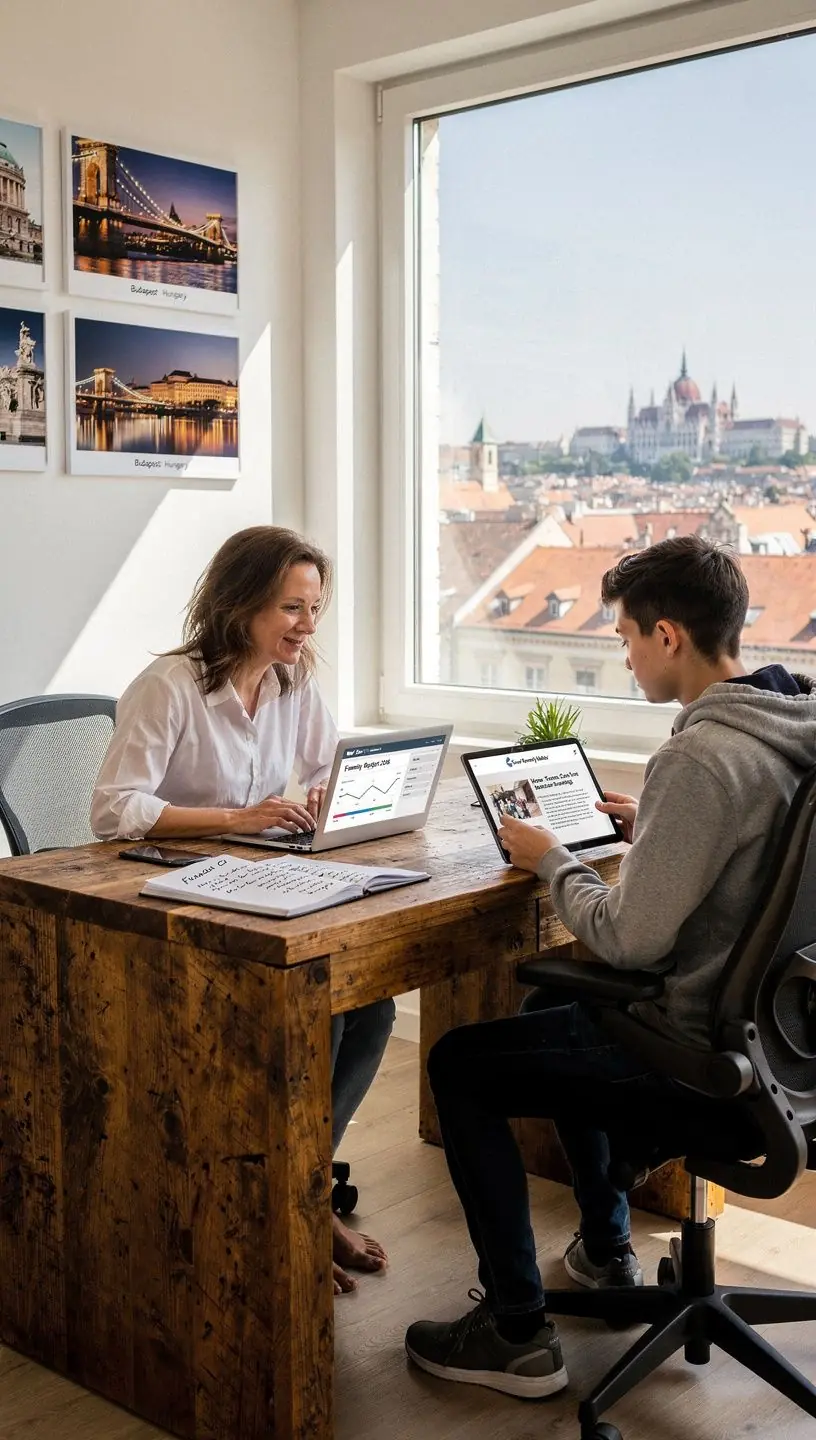 Személyes pénzügyi blog felület egy laptop képernyőjén, amely családi pénzkezelési tippeket mutat.